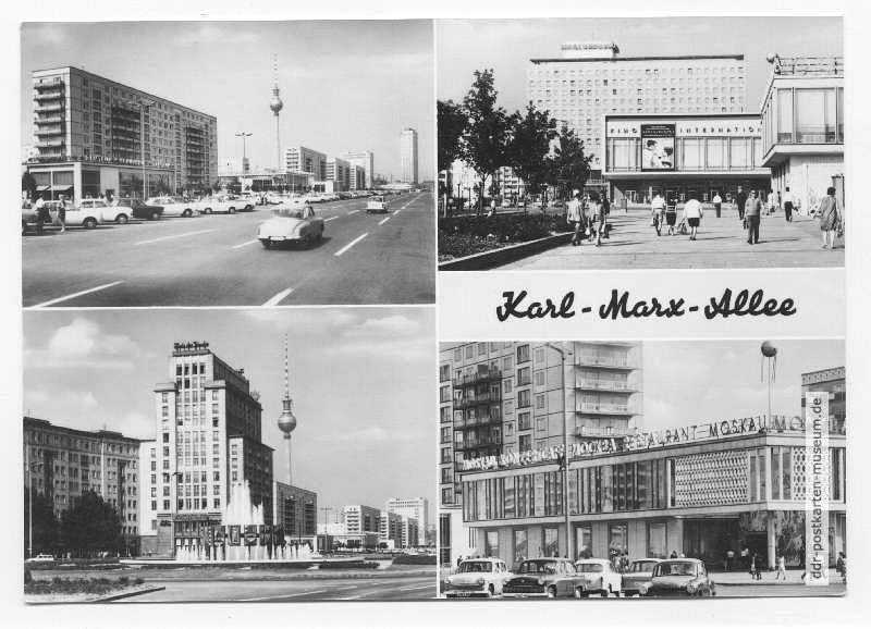 Karl-Marx-Allee mit Wohnblock, Kino "International", "Haus des Kindes", "Cafe Moskau" - 1969