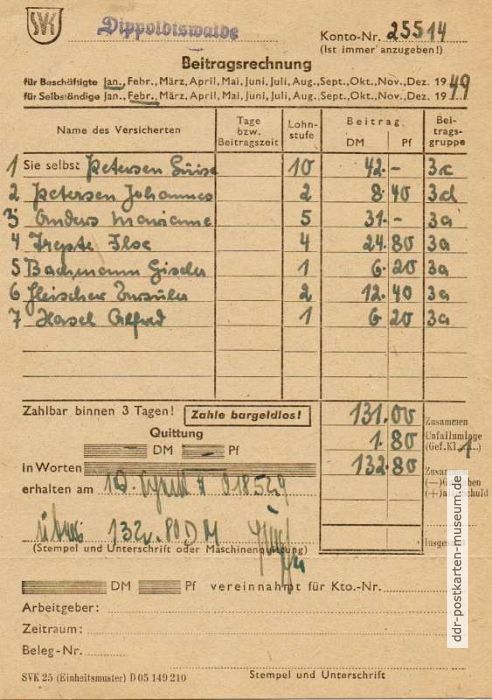 Rückseite von Drucksache als Behördenpost mit Beitragsrechnung von 1949
