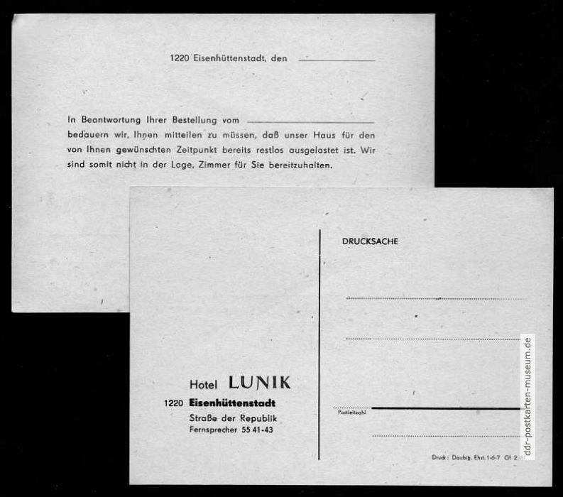 Drucksache vom Hotel "Lunik" in Eisenhüttenstadt betreffs Zimmerbestellung - 1981