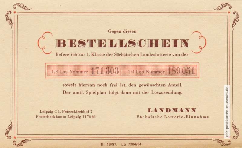 Rückseite von Drucksache mit Bestellschein an Lotterieeinnahme Landmann - 1954