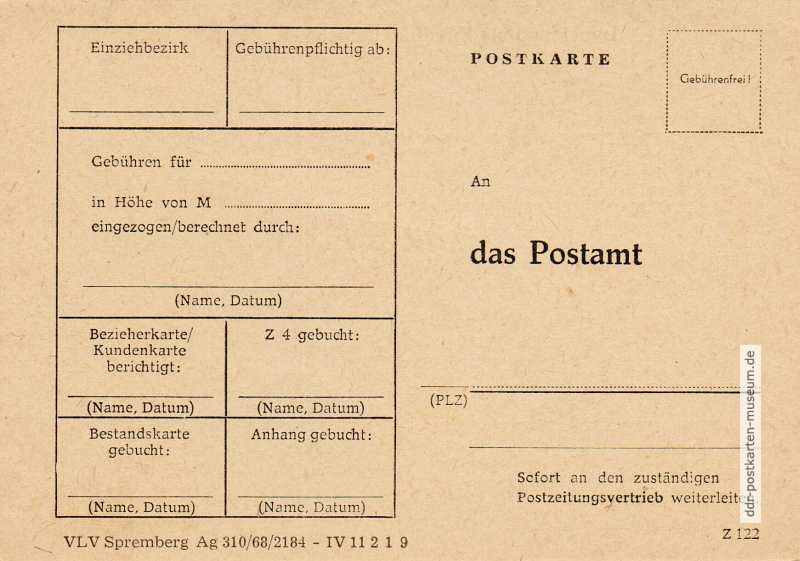 Drucksache als Antwortkarte an das Postamt - 1968