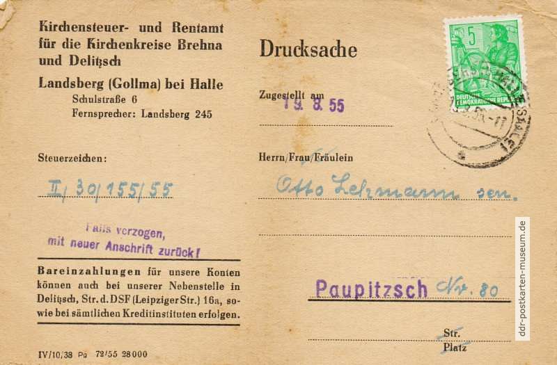 Drucksache mit Steuerbescheid vom Kirchensteuer- / Rentamt in Landsberg - 1955