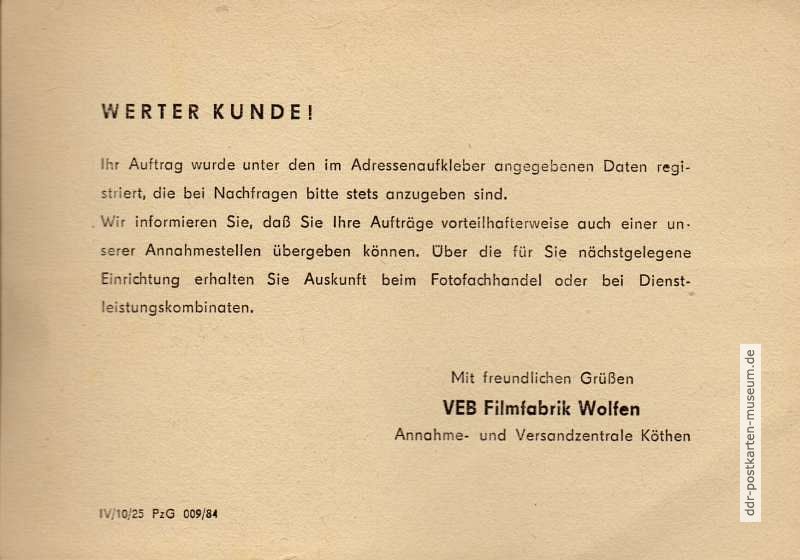 Rückseite der Drucksache vom VEB Filmfabrik Wolfen betreffs Bestellabgaben - 1985
