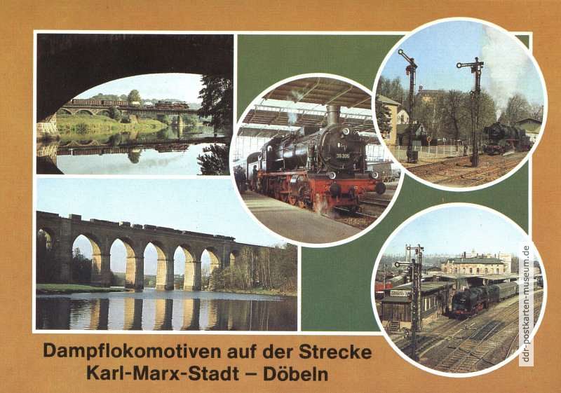 Dampfloks in Braunsdorf, Bhf. Karl-Marx-Stadt, Bhf. Döbeln und auf Zschopautalviadukt - 1984