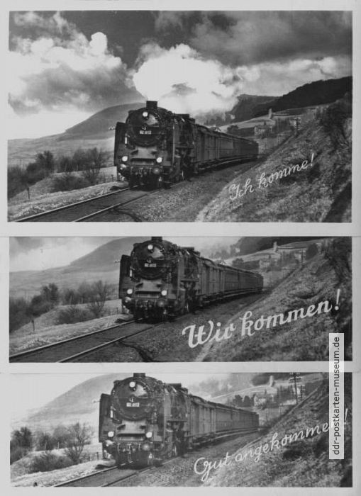 Eisenbahn-Grußkarte in drei Varianten von 1955 und 1957