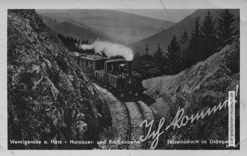 Grußkarte mit Brockenbahn im Drängetal - 1954