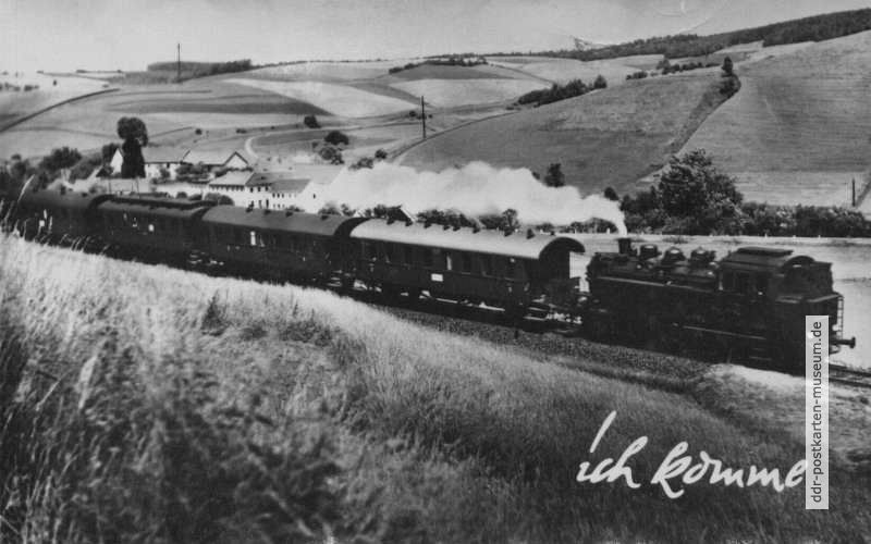 Eisenbahn-Grußkarte mit Personenzug in Thüringen - 1956