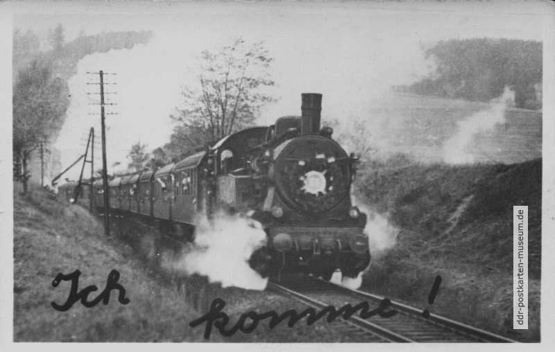 Grußkarte mit Personenzug im Thüringer Wald - 1957