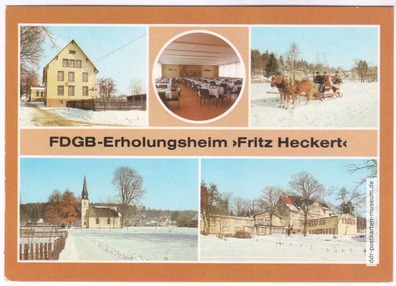 FDGB-Erholungsheim, Speisesaal, Schlittenfahrt, Kirche, Außenansicht - 1984