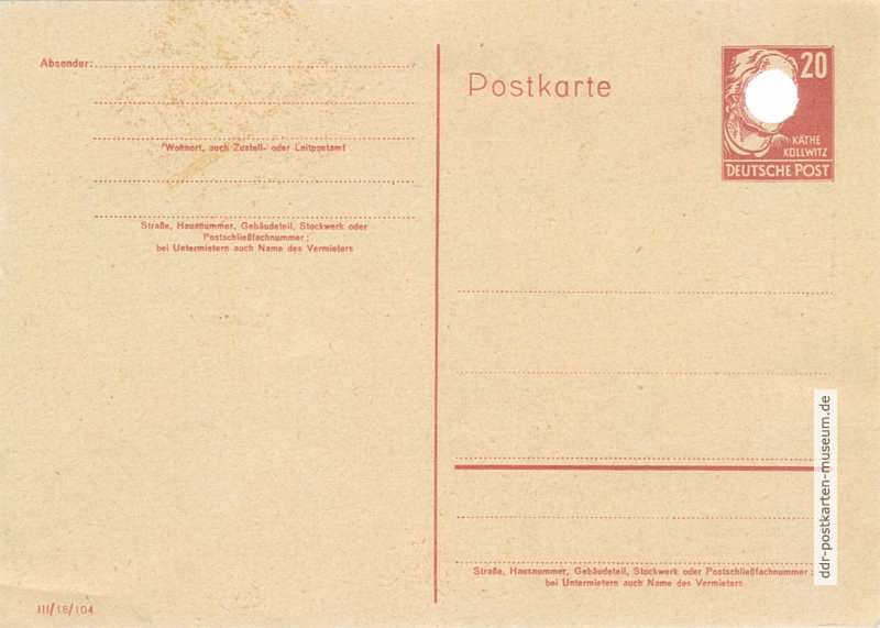 Ganzsache P 44 b für Auslandspost von 1953, 20 Pfennig Käthe Kollwitz