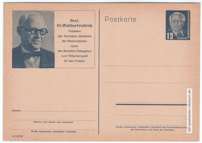 Ganzsache P 52/01 von 1952 - 12 Pfennig Wilhelm Pieck, Motiv:  Prof. Dr. Walther Friedrich, Physiker