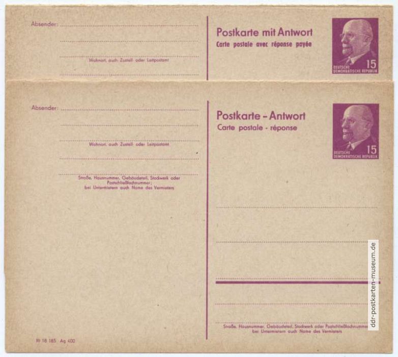 Ganzsache P 74 Frage- und Antwortkarte von 1966 - 15 Pfenig Walter Ulbricht