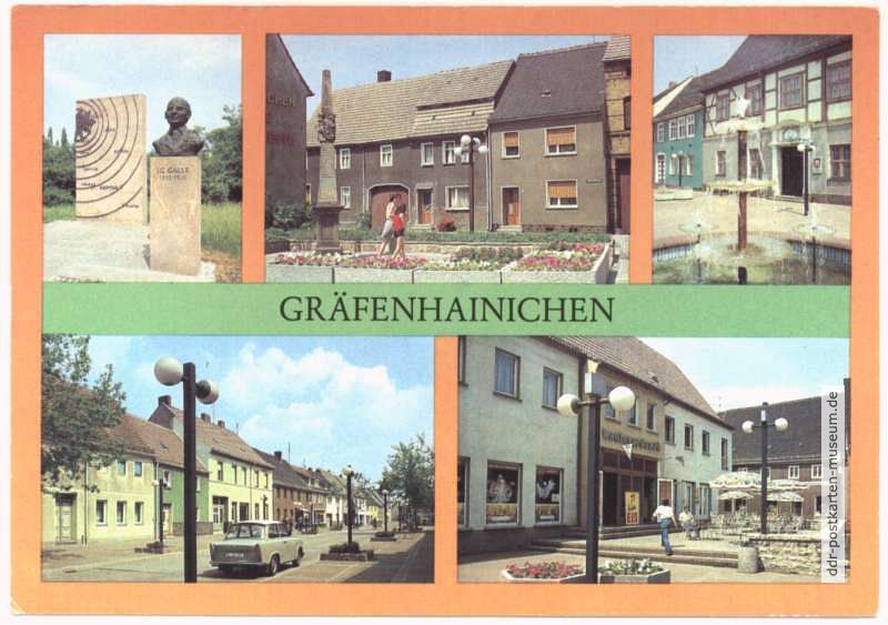 Gottfried-Galle-Denkmal, Fritz-Ebert-Straße, Rathaus, August-Bebel-Straße, Cafe - 1982  