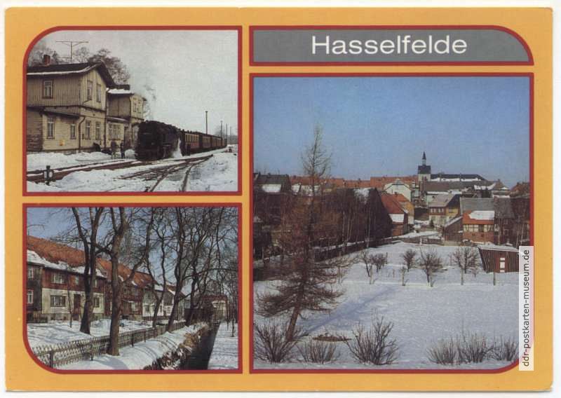 Bahnhof, Partie an der Hassel, Blick zur Kirche - 1986