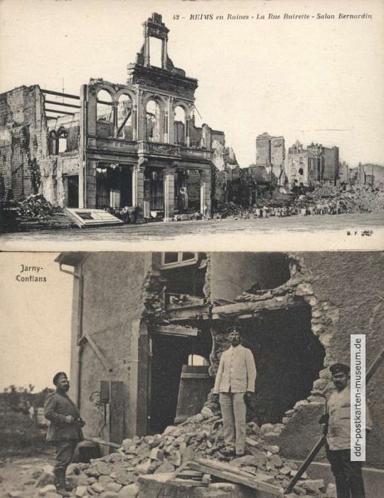 Französische und deutsche Postkarte mit zerstörten Orten in Frankreich - 1916 / 1917