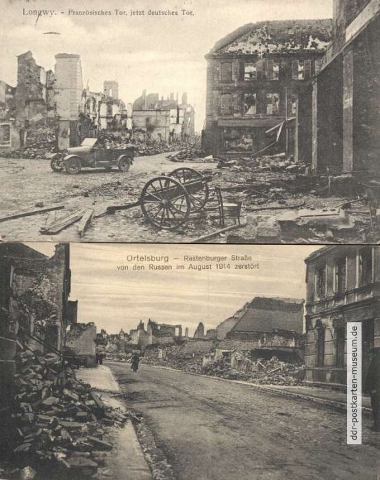 Deutsche Feldpostkarten mit zerstörten Orten in Frankreich und Ostpreußen - 1915 / 1917
