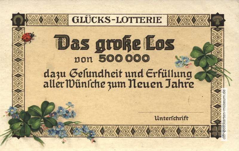 Neujahrskarte mit Traum vom "großen Geld" nach überstandener Inflation - 1925