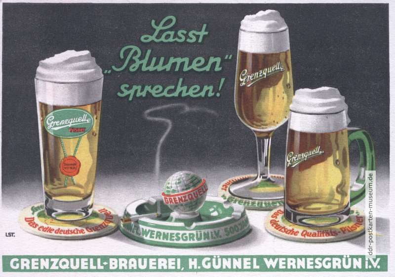 Werbekarte der Grenzquell-Brauerei H. Günnel in Wernesgrün - 1939