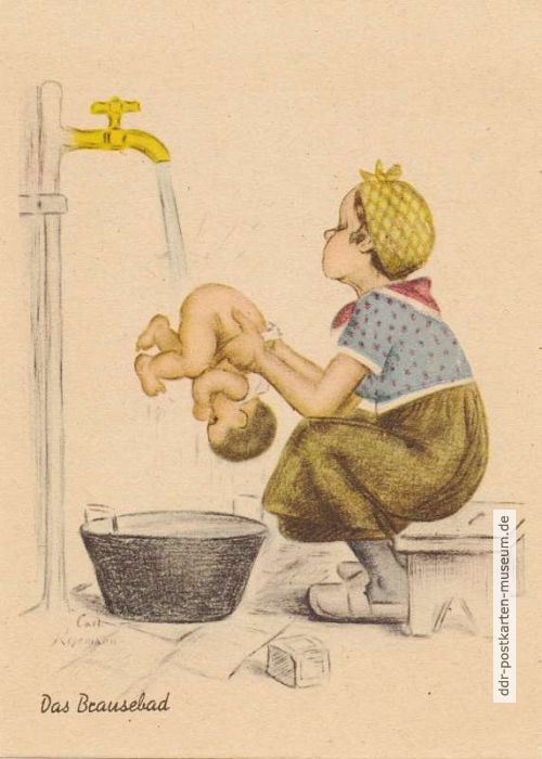 Humorpostkarte "Das Brausebad" - 1947