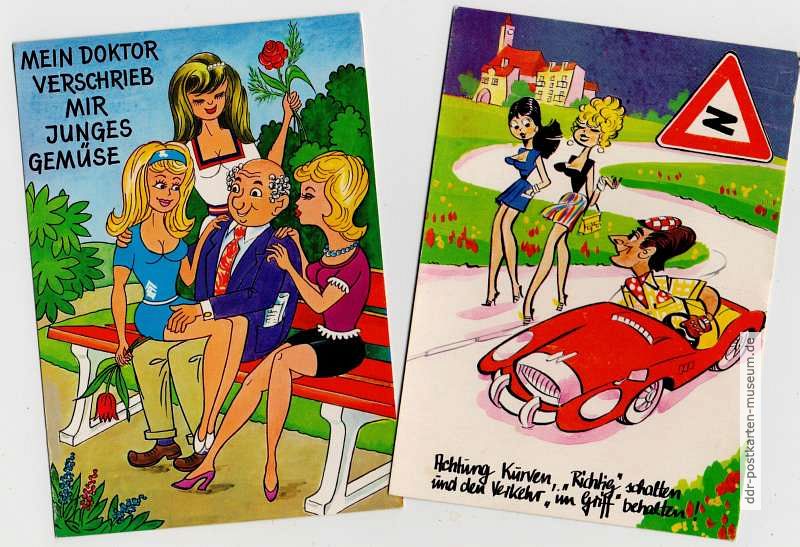 Scherzpostkarten "...Junges Gemüse..." und "Vorsicht Kurven..." (BRD) - 1971