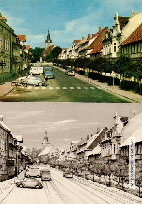 Ansichtskarte mit Marktstraße in Bad Sachsa, gleiches Bild winterlich retuschiert - 1976