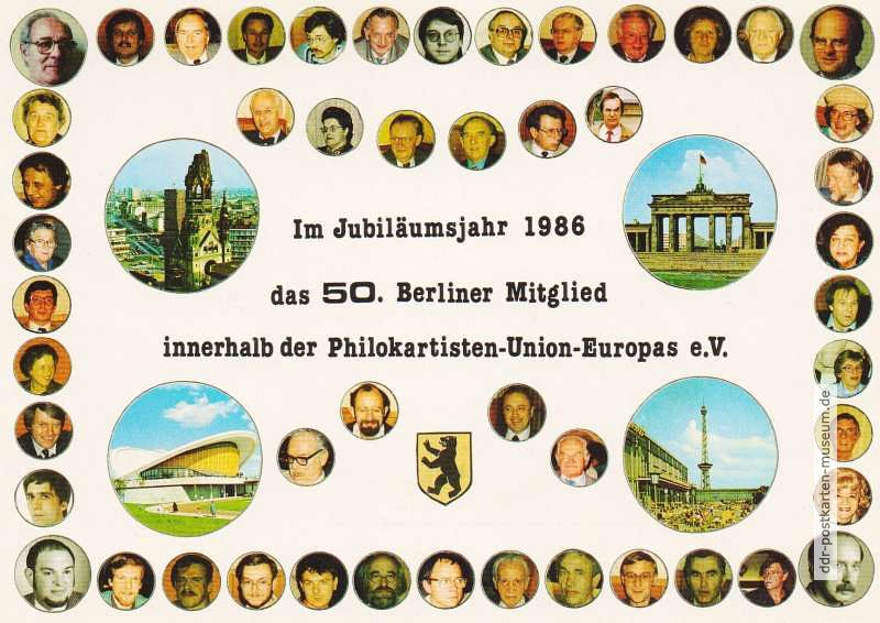 Sonderpostkarte anläßlich des 50. Mitglieds der PUE in Berlin-West - 1986