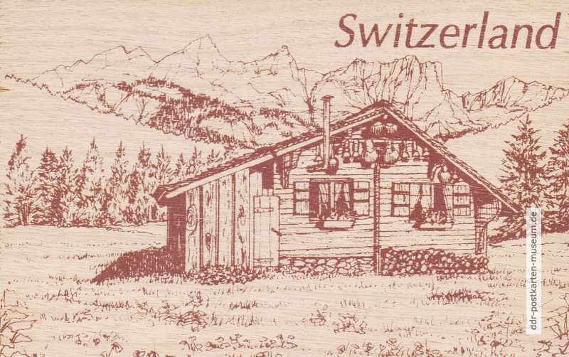 Postkarte aus Holz mit Motiv aus der Schweiz - 1988