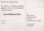 Rückseite der Protestpostkarte zur Beibehaltung des Namens "Thälmann-Park" in Berlin - 1992
