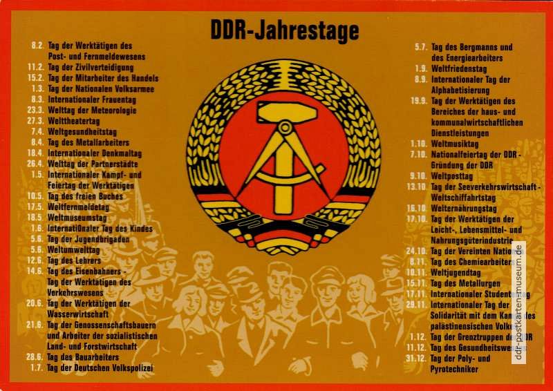 Ostalgie-Postkarte mit den Feier- / Ehren- und Gedenktagen der DDR
