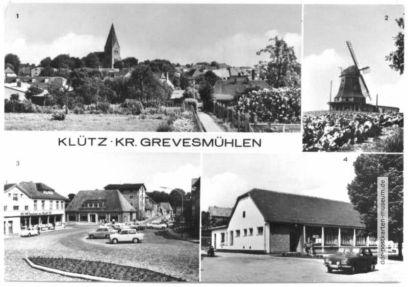 Blick zur Kirche, Windmühle, Marktplatz, HO-Gaststätte "Klützer Eck" - 1979
