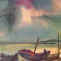 Aquarell von W.H. Schlegel "Boote am Strand" - 1974