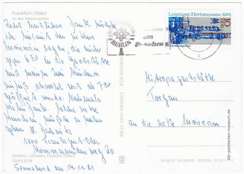 Sehr kuriose Anschrift an die nette Serviererin der Mitropa-Gaststätte in Torgau - 1981