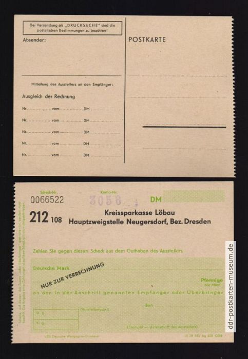 Seltene Drucksachen-Postkarte mit Verrechnungsscheck von Kreissparkasse, 1960