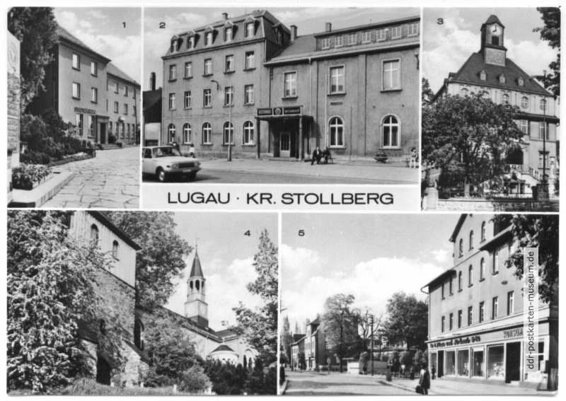Stadtbücherei, Kulturhaus "Karl Liebknecht", Rathaus, Glockenturm und Kirche, Stollberger Straße - 1974