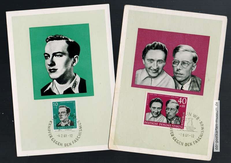 Maximumkarten "Ermordete junge Antifaschisten" Hanno Günther, Hilde und Hans Coppi - 1962 - 1961