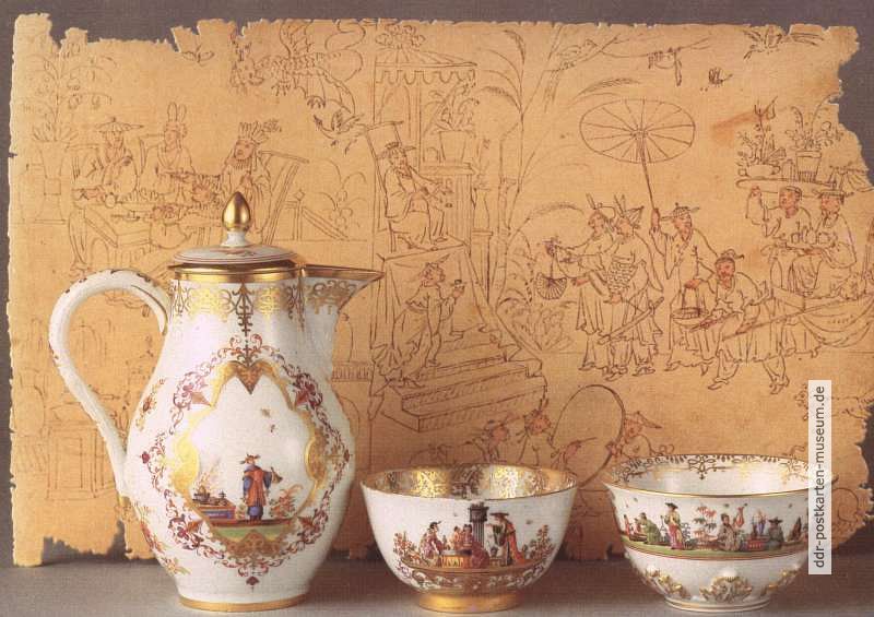 Porzellan-Museum, Kanne mit Kopchen "Chinoiserien" um 1730 J.G. Höroldt - 1988