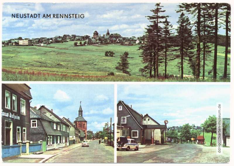 Blick nach Neustadt am Rennsteig, Rennsteigstraße, Tankstelle - 1979