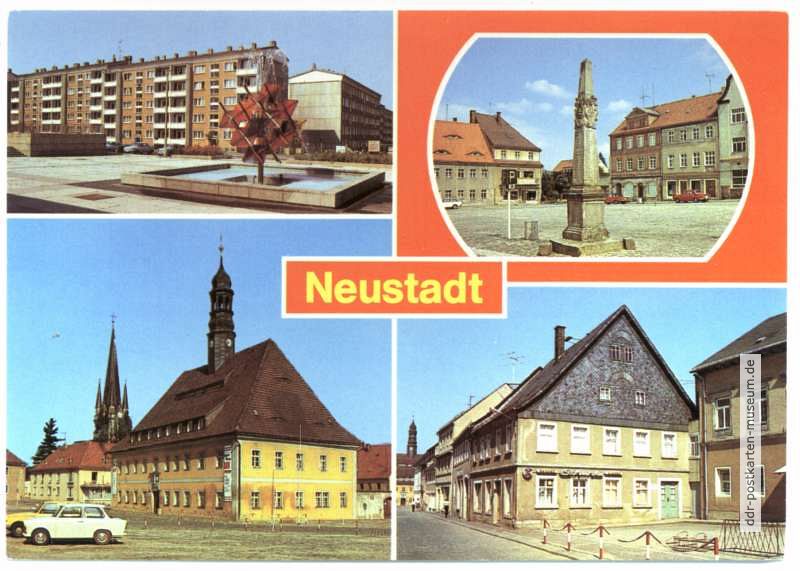 Neubauten Friedrich-Engels-Straße, Postmeilensäule, Rathaus, Bahnhofstraße - 1981
