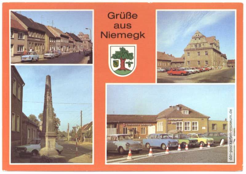 Großstraße, Postmeilensäule, Rathaus am Markt, Mitropa-Autobahn-Raststätte - 1986