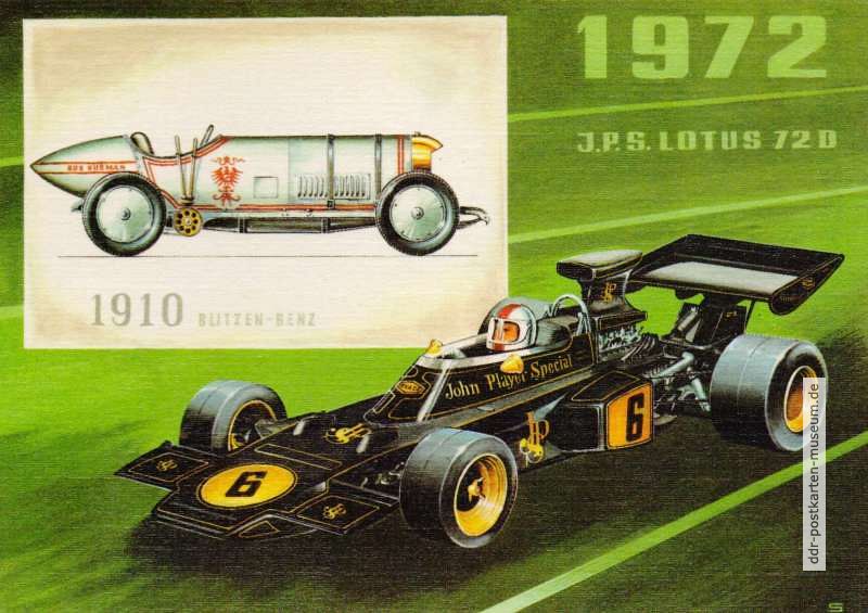 Blitzen-Benz von 1910 und Formel I-Rennwagen von 1972 "J.P.S. Lotis 72 0" - 1989