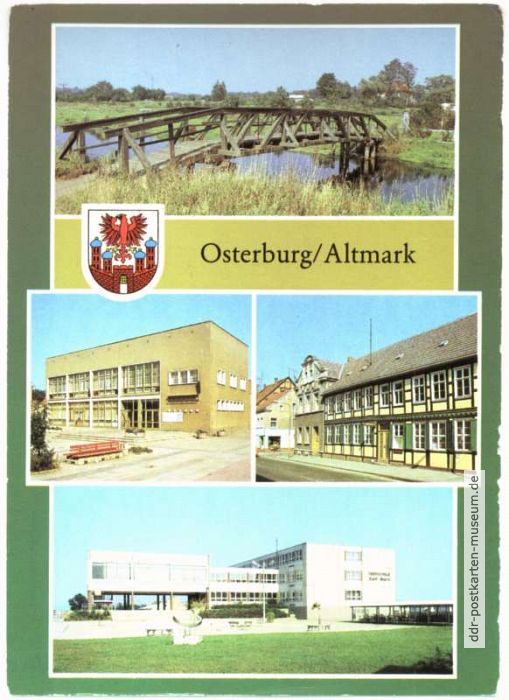 Schwiegermutterbrücke, Kreiskulturhaus, Heimatmuseum, Karl-Marx-Oberschule - 1985