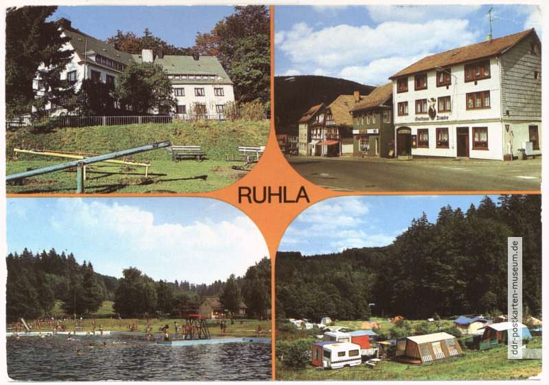 Kinderkurheim "Käthe Kollwitz", Gasthaus Traube Untere Lindenstraße, Waldschwimmbad, Campingplatz "Alte Ruhl" - 1989