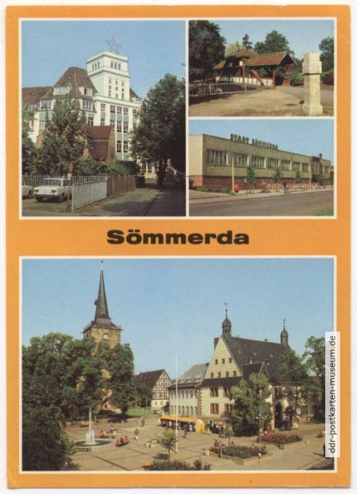 Kulturhaus "1. Mai", Brücke zum Stadtpark, Gaststätte "Stadt Sömmerda", Markt - 1982