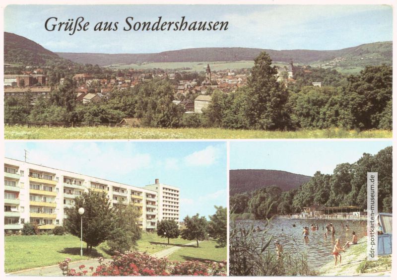 Blick nach Sondershausen, Neubaugebiet Borntal , Freibad - 1987