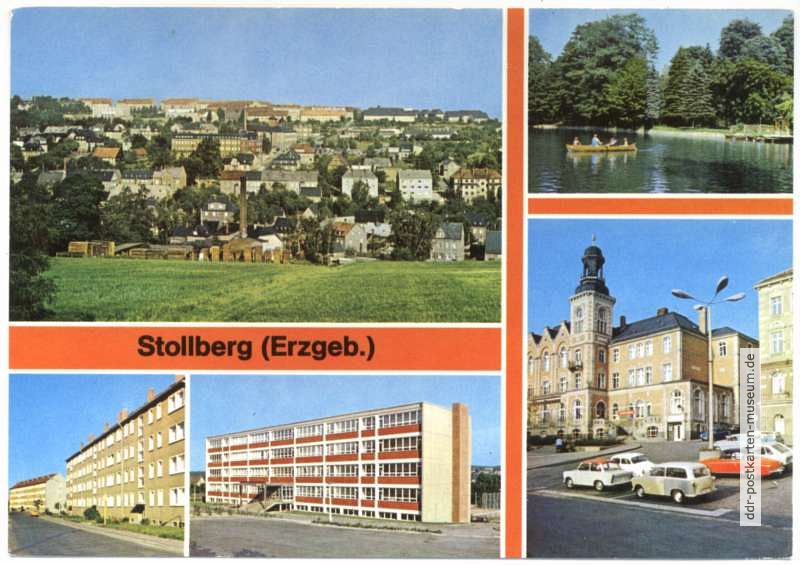 Blick auf Stollberg, Walkteich, Erich-Weinert-Straße, Oberschule, Rathaus - 1978