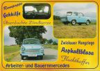 Ostalgie-Postkarte mit Scherzbezeichnungen für den "Trabant 601" - 1999ende4