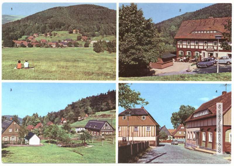 Blick zum Sonneberg, Gaststätte "Grenzbaude", Teilansicht, Umgebindehäuser - 1974