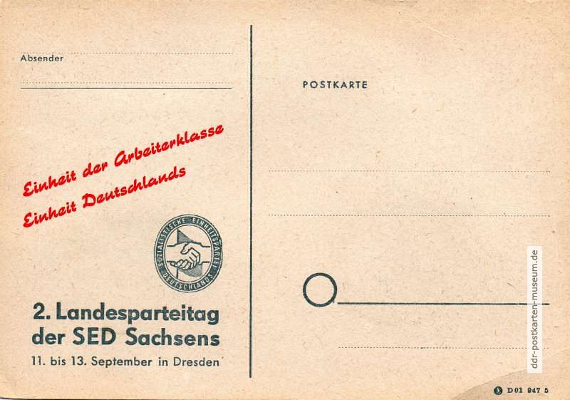 Werbepostkarte der SED für 2. Landesparteitag Sachsens mit Losung - 1947