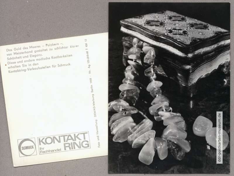 Werbepostkarte mit Schmuckkette aus Polybern (Bernstein) - 1968