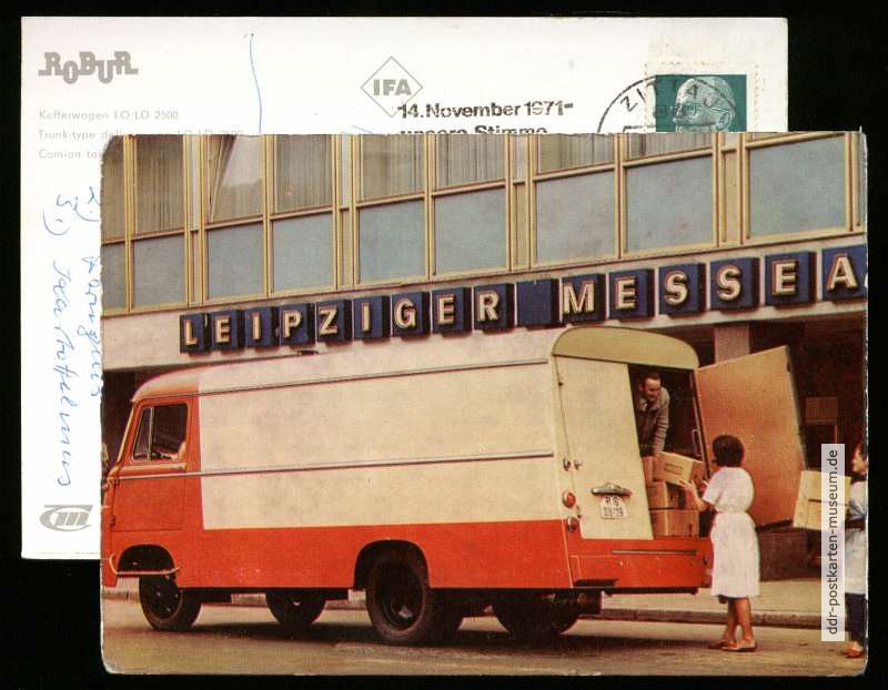 Werbepostkarte von Transportmaschinen-Export-Import mit "Robur-Kastenwagen" - 1965